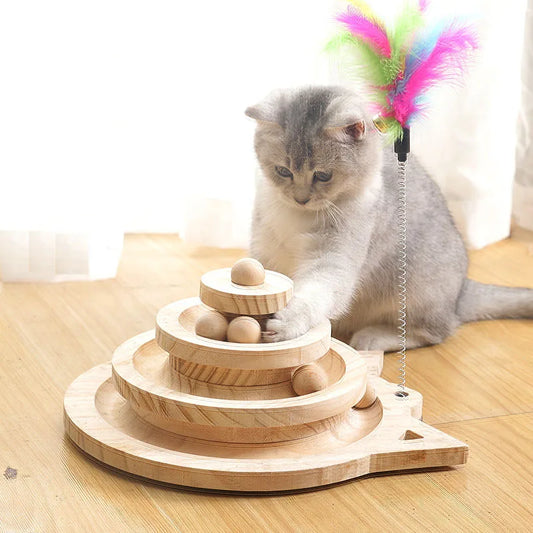 Wooden 2/3 Levels Pet cat Toy Tower Tracks Disc ca